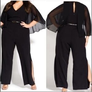 NEW City Chic Black Heiress Belted Cape Split Leg Jumpsuit Size 14